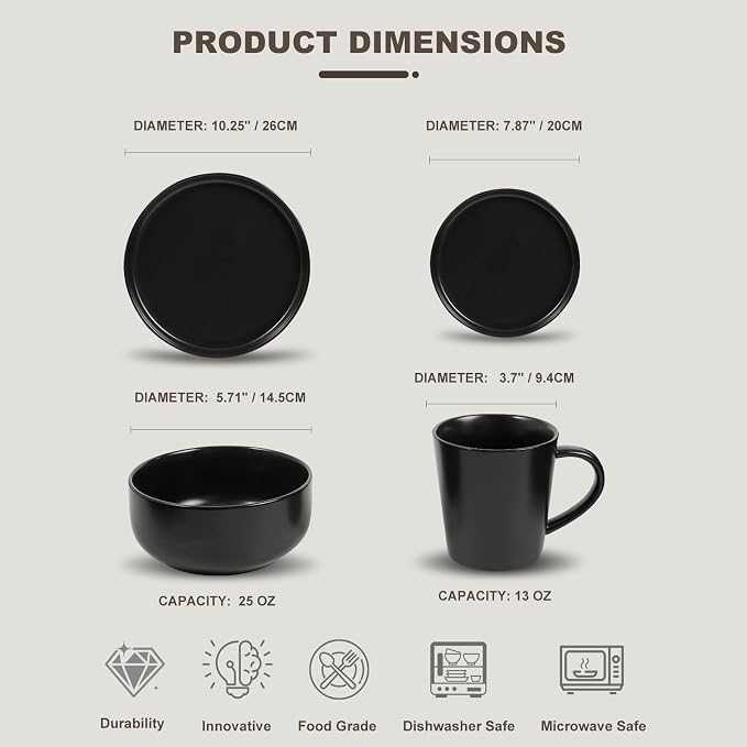EWFEN Plates and Bowls Sets, 32 Pieces Ceramic Dinnerware Set for 8, Stoneware Dishware Dishes Set, Scratch Resistant Dishes Set, Dishwasher & Microwave Safe, Black