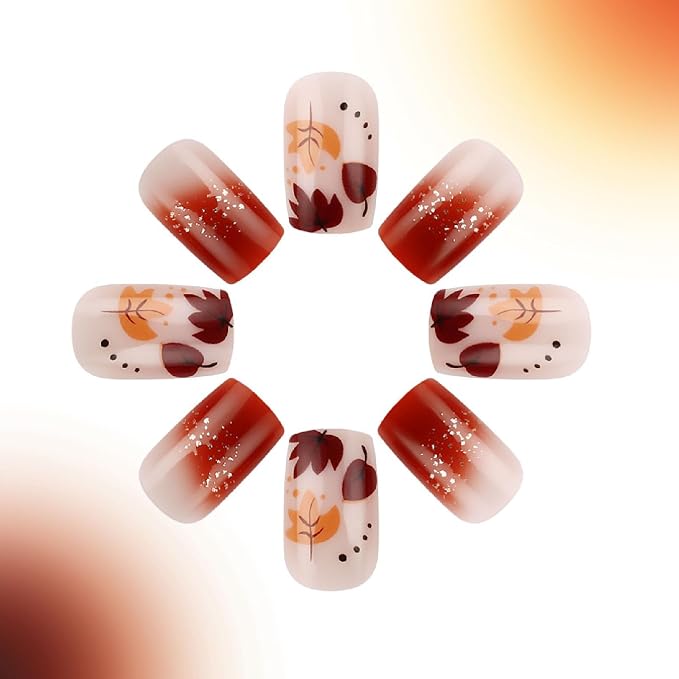24 Pcs Fall Press on Nails Medium Square Fake Nails with Ombre Maple Leaves Glitter Designs Nails Press ons Brown Orange Acrylic Nails Autumn Stick on Nails for Women