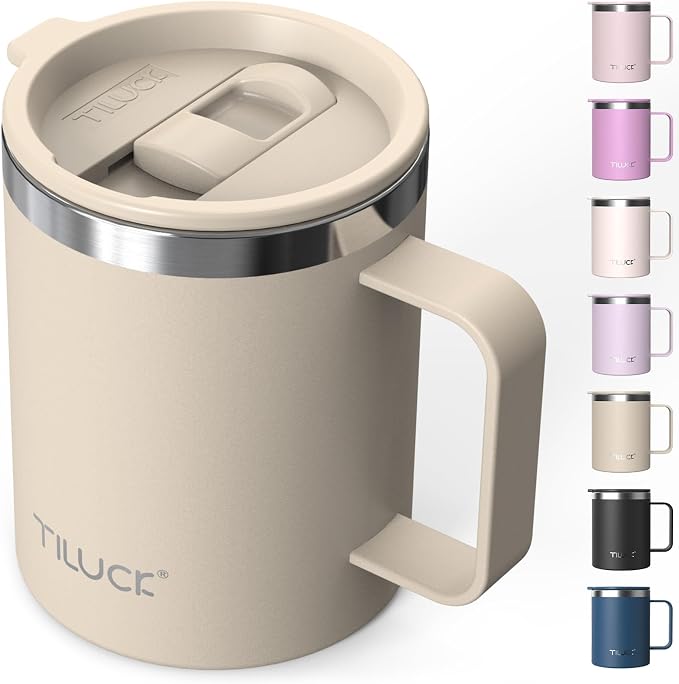 TILUCK 12 oz Insulated Coffee Mug with Lid and Handle | BPA-Free Lid, Double-Wall Vacuum Insulation, Stainless Steel Coffee Cup, Dishwasher Safe Mug for Hot & Cold Drinks, MistyGray