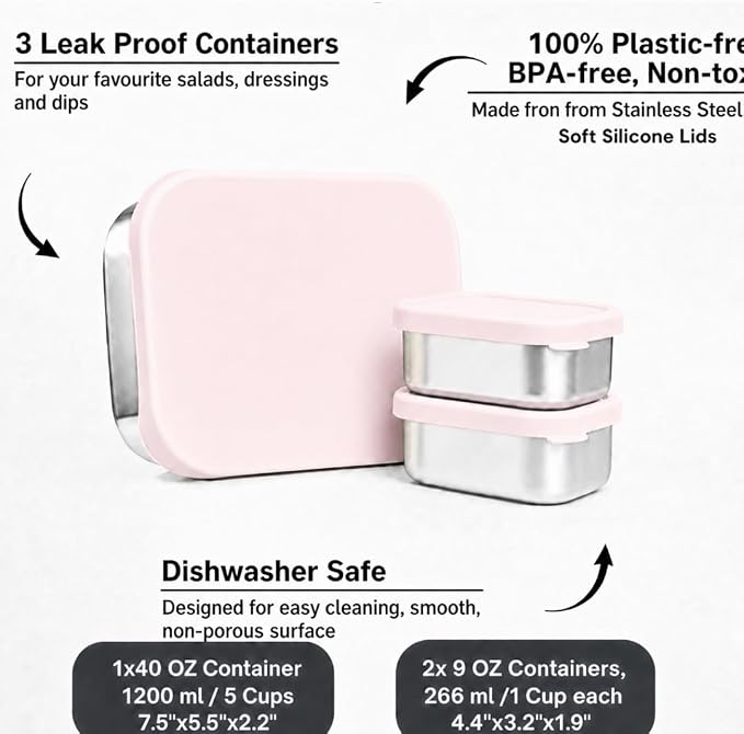 Flexibento Leak Proof Stainless Steel Lunch Box, Pink, 40 OZ