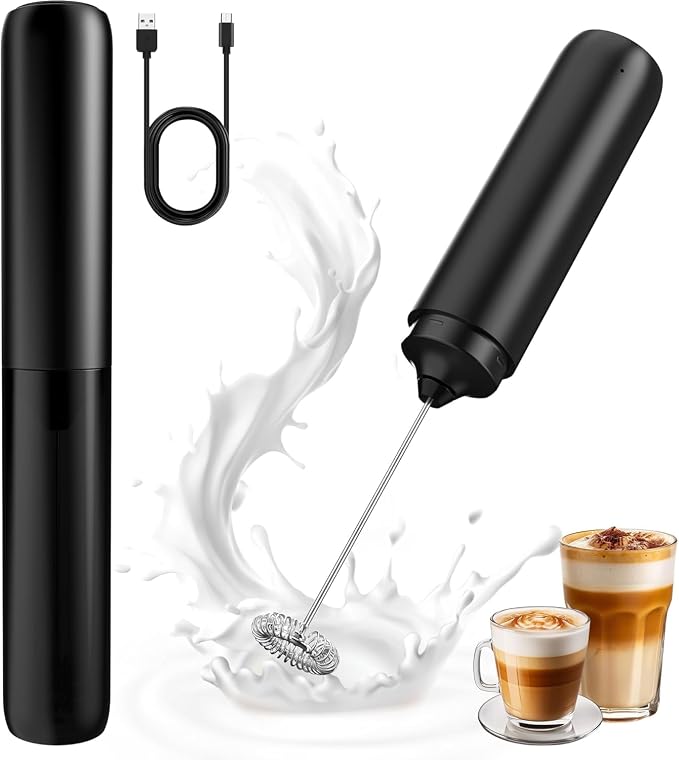 Rechargeable Milk Frother Handheld, Coffee Frother Wand Drink Mixer with Stainless Steel Whisk for Coffee, Cappuccino, Lattes, Frappe, Matcha and Hot Chocolate, (Black)