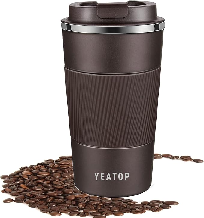 Insulated Travel Coffee Mug 16 oz, Spill Proof Coffee Mug To Go, Leakproof Stainless Steel Coffee Tumblers Reusable Thermal Coffee Cup with Lid for Hot & Cold Drinks (Brown, 510ml)