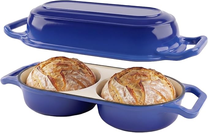 Double Dutch Oven Pot with Lid, 2.2QT Enameled Cast Iron Bread Loaf Pan, Mini Dutch Oven For Sourdough Bread Baking, 500°F Oven Safe Non Stick Dual Round Bread Pan, Bread Oven, 16.5cm Diameter, Blue