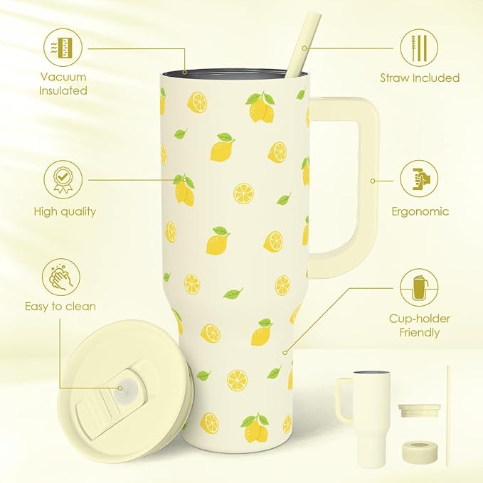 SANDJEST Lemon 40oz Tumbler with Handle and Straw, Insulated Stainless Steel Travel Coffee Mug for Women Girls, Gift Idea for Birthday Christmas Mothers Day Summer Vacation