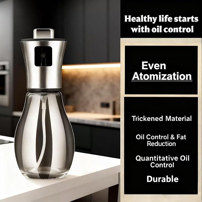 Oil Sprayer for Cooking - Olive & Avocado Oil Spray Bottle, Food Grade Glass Mister with Adjustable Nozzle, 2-in-1 Dispenser for Kitchen, BBQ, Baking