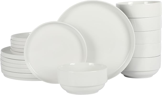 Gibson Home Rothernberg 18-Piece Stackable Porcelain Dinnerware Set, Service for 6 – White Plates and Bowls, Microwave & Dishwasher Safe