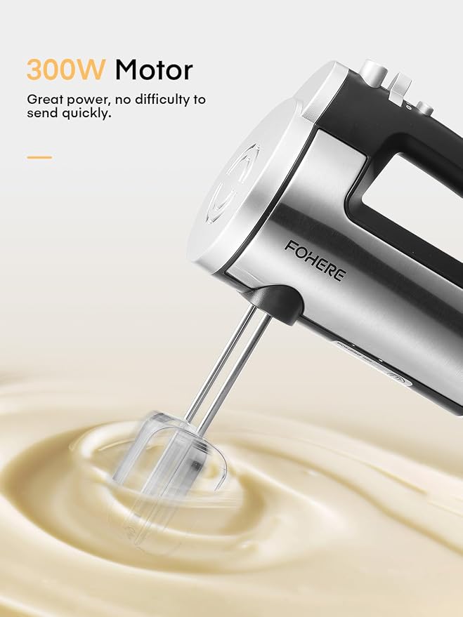 Hand Mixer Electric Handheld, 6 Speed & Turbo Electric Mixer, 300W Handheld Mixer with 2 Stainless Steel Whisk and 2 Dough Hook for Whipping, Mixing Cookies, Brownie, Cakes, Dough Batters, Silver