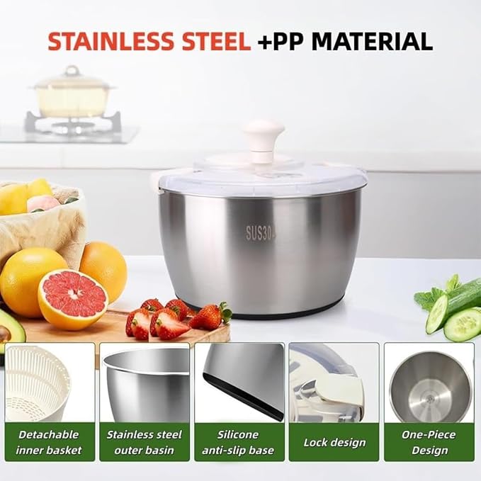 Stainless Steel Salad Spinner, 6L Salad Spinners Large Lettuce Spinner, with Drainage Basket Drainage Outlet Used for Cleaning and Drying Vegetables Food and Fruits Quick Spin Vegetable Fruit Spinner