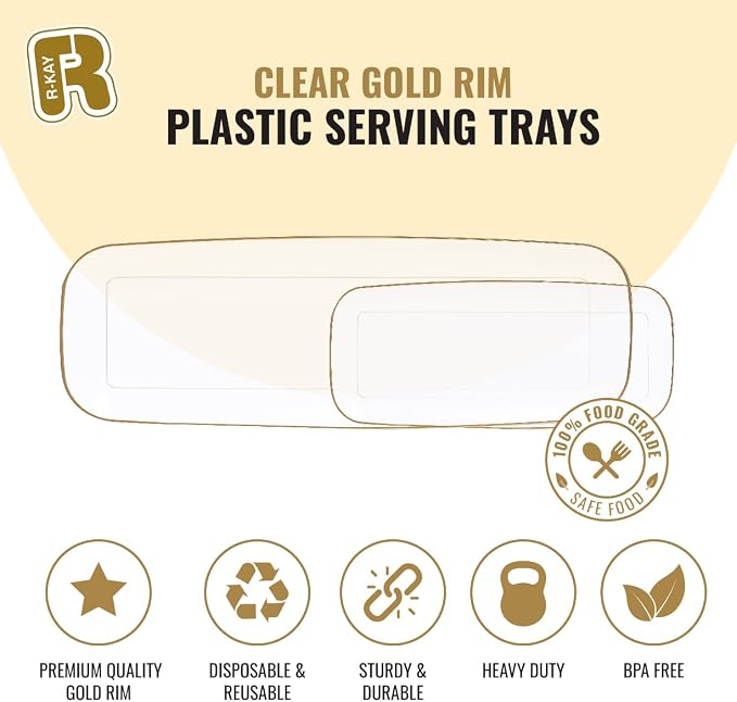 R-kay 4 Pack Clear Plastic Serving Trays - 10 by 5.5 in Heavy Duty Rectangular Platters for Party, Food, and Desserts