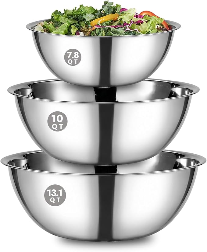 3 Piece Stainless Steel Mixing Bowls Set, 7.8/10/13.1 QT | Extra Large Stainless Steel Mixing Bowls Set, 7.8/10/13.1 QT, Nesting Metal Bowls with Flat Base for Baking, Dough & Catering