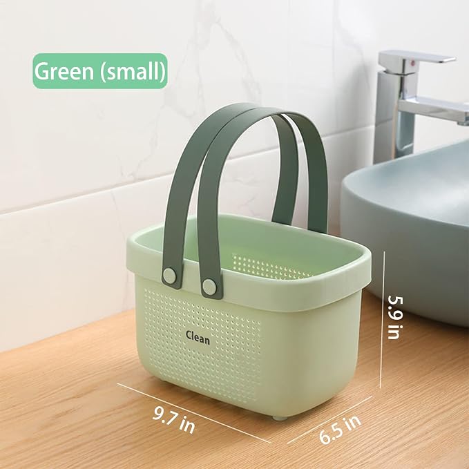 Portable Shower Caddy Basket with Handle Plastic Storage Basket Small Green | Sturdy Drainage Large Capacity Organizer Basket with Silicone Handles for Bathroom Kitchen Bedroom College Dorm Essentials
