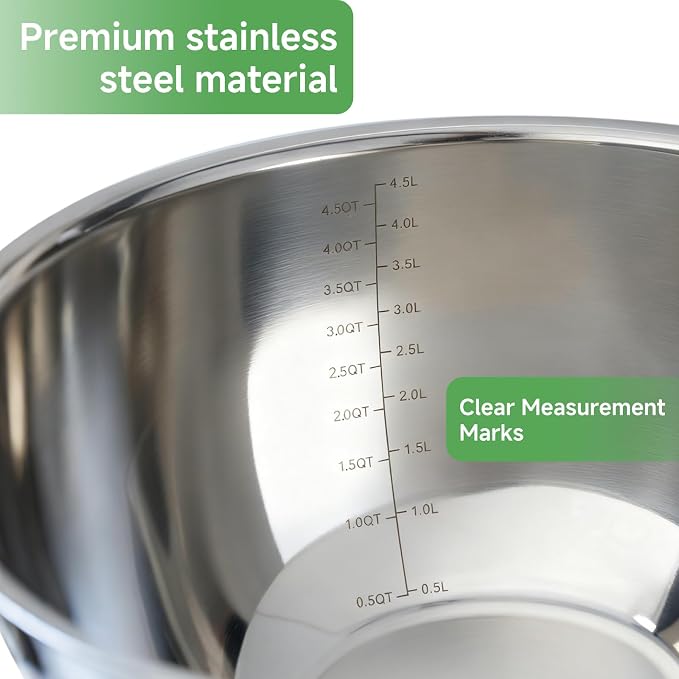 Mixing Bowls with Clear Airtight Lids, 3-Piece Stainless Steel Set, Black | Silicone Vent Plug, Secure Seal Design, 1.5/3/5 QT, Dishwasher-Safe Lids, Non-Slip Base, Measurement Marks, Nesting Design