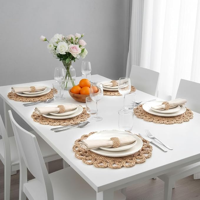 13.8" Corn Husk Woven Round Placemats Set of 4 - Wicker Boho Farmhouse Placemats - Rattan Table Mats Like Water Hyacinth for Dining Table, Wedding, Home, Christmas, Party