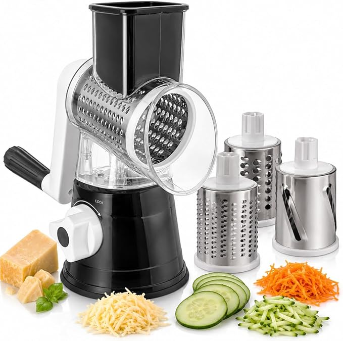 Rotary Cheese Grater with Hand Crank - Cheese Shredder with 3 Interchangeable Stainless Steel Blades, Suction Base & Ergonomic Handle | Vegetable Slicer, Food Grater for Cheese, Nuts & Chocolate