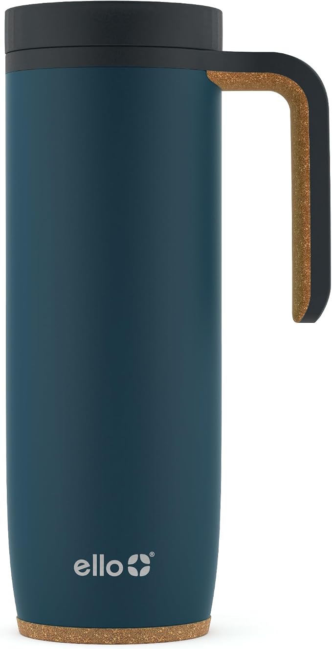 Ello Magnet 18oz Insulated Stainless Steel Travel Mug with Handle, Poseidon | Leakproof coffee tumbler with side handle and cork coaster. BPA-free, keeps drinks hot for 5 hours, great for coffee and tea.