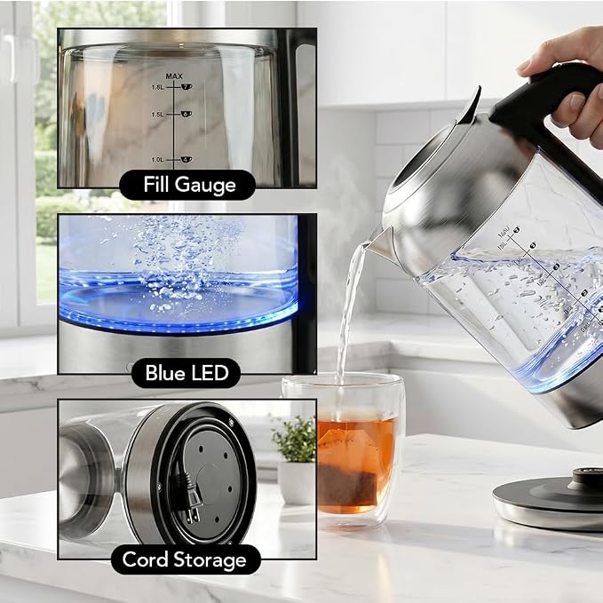 OVENTE 1.8L Glass Electric Kettle Water Boiler, Silver KG751S | 1500W Fast Boiling, Easy Fill Lid, Borosilicate Glass, BPA-Free, Blue LED, Auto Shut-Off, Boil-Dry Protection, Cordless