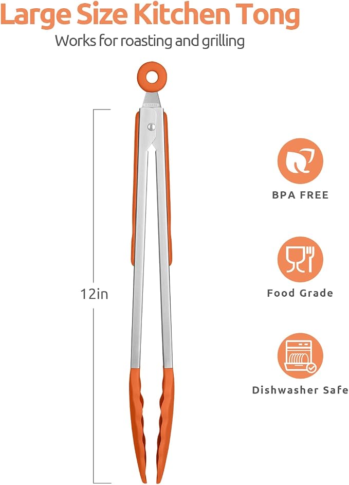 U-Taste Kitchen Tong for Cooking, 600ºF Heat-Resistant Tps, 12in/Orange | Large Tongs for Serving Food, Big Rubber Tong for Grill/BBQ, Silicone Tips & 18/8 Stainless Steel Handle, Smooth Locking