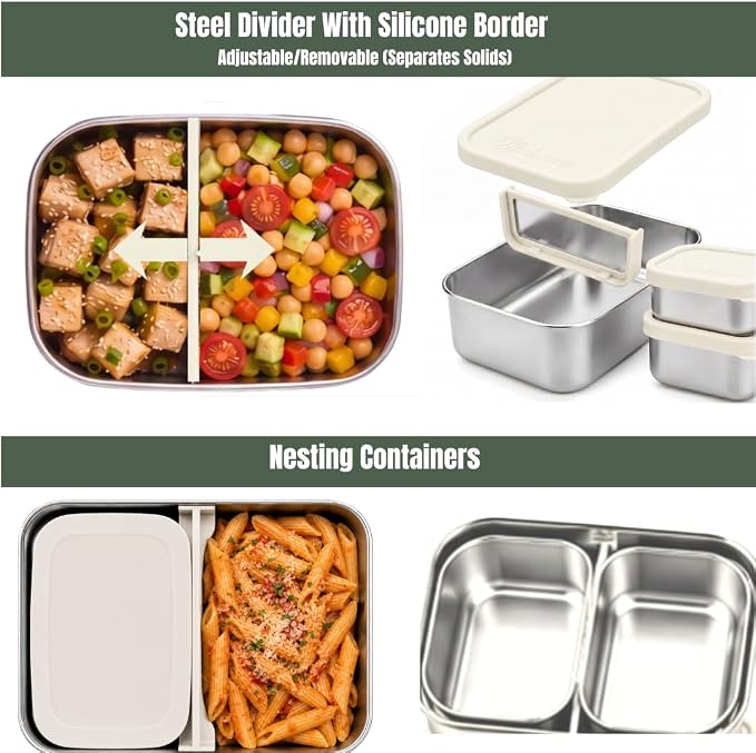 Flexibento - 40 OZ Set -Leak proof Stainless Steel Lunch Box Containers, Lunch Containers with Silicone Lids,Steel Bento Box,Metal lunch Box, Vanilla set of 3, 1 * 40OZ + 2 * 9 OZ