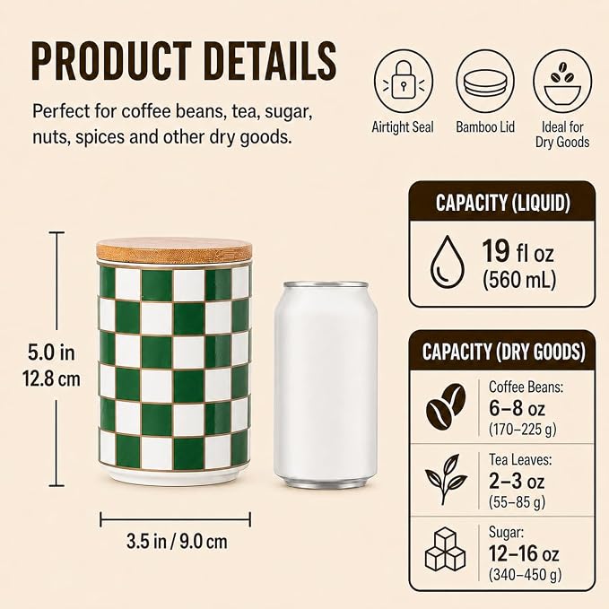 Kitchen Countertop Ceramic Checkered Canisters,Black And White Food Storage Containers With Lid,Airtight Kitchen Canisters for Flour, Sugar, Coffee, Tea, and Dry Goods (Green, Small)