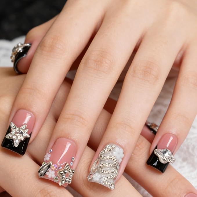 Handmade Press on Nails 3D Flower Nail Art Fake Nails Luxury Handmade Rhinestone & Stars Black French Tip Short Duck Acrylic Nail with Flower Design Thicked Stick on Nail for Women (M)