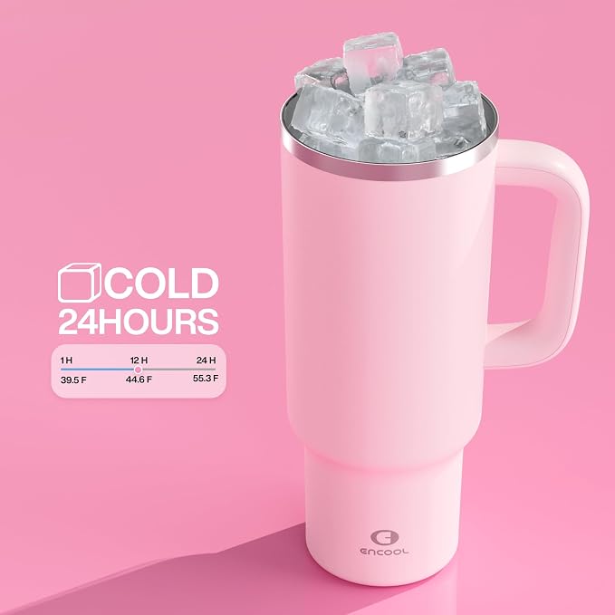 ENCOOL 40 oz Tumbler with Handle and Straw: Stainless Steel Insulated Tumbler Keeps Cold for 24 Hours, Leakproof Travel Cup Fits in Cup Holder and BPA-Free, Cotton Candy