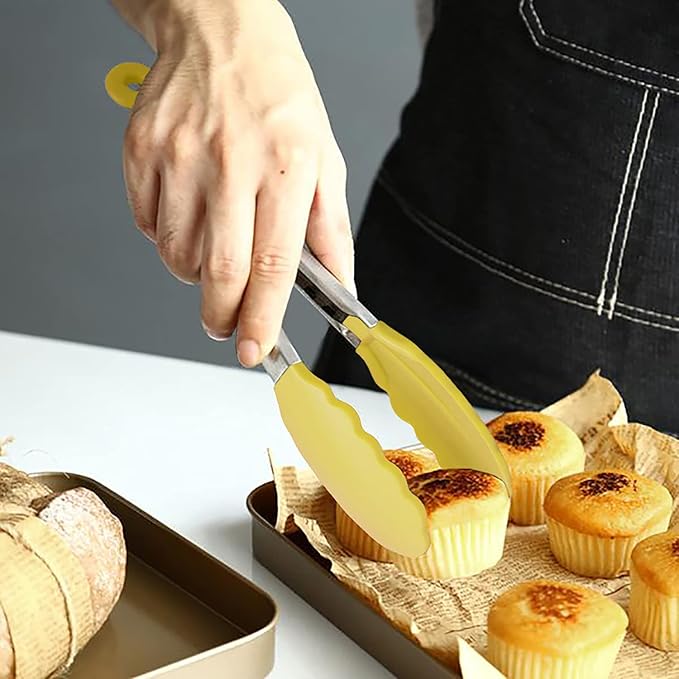HINMAY Small Appetizer Tongs 7" Silicone Kitchen Tongs, Set of 3 (Yellow)