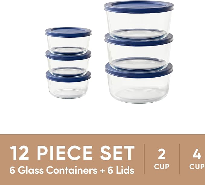 12-Piece Glass Food Storage Containers Set (6 Containers + 6 BPA-Free Lids) | 2-Cup & 4-Cup, Leakproof | Microwave, Freezer, Oven & Dishwasher Safe | Ideal for Meal Prep & Pantry Organization, Blue