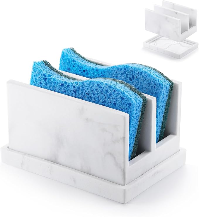 Luxspire Kitchen Sponge Holder wtih Drain Tray, 2 Compartment, Gravel White | Diatomite Stone Material, Quick-Drying & Water Absorbing stone dish sponge, For Kitchen Sink Counter, Easy to Maintain