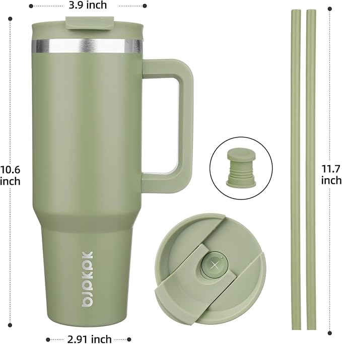 BJPKPK 40 oz Insulated Tumbler with Handle & Straw, Stainless Steel | Double Wall Vacuum Insulation, Leak Proof, BPA Free, Dishwasher Safe, Cupholder Friendly, Travel & Outdoor, Sage