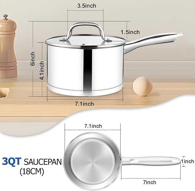 TeamFar 3 qt Saucepan, Stainless Steel Small Sauce Milk Pan with Lid | with Tri-ply Bottom for Cooking/Boiling/Stewing, For Induction/Gas/Electric, Non-Toxic & Heavy Duty, Dishwasher Safe
