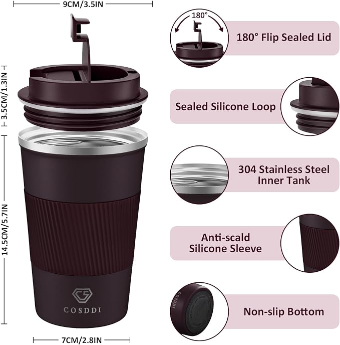 CS COSDDI 12 oz Coffee mug - Stainless Steel Coffee Cup with Leakproof Lid | Stainless Steel Double-wall insulation, 6-Hour Heat Retention, 360°Leak proof, BPA-free, Reusable And To Go Coffee Mug