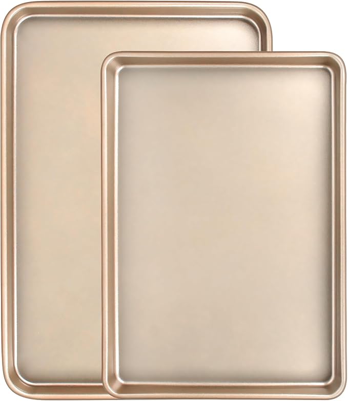 Wildone Baking Sheet Pan Set of 2, Nonstick Cookie Sheets for Baking | Thicker Carbon Steel Quarter Sheet Jelly Roll Pan, 9x13in, 10x15in, Heavy Duty & Easy Clean, Champagne Gold
