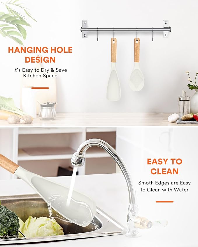 Cooking Spoon and Rice Scooper for Nonstick Cookware,Multi-function | Great for Cooking and Serving, Sturdy BPA-Free Matte Silicone, Wood Handle Spoon for Mixing, Scoop, and Scrape,9.3"+14.3"