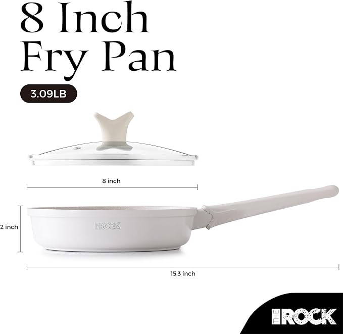 THE ROCK SOHO 8-Inch Non Stick Frying Pan with Lid–Nothing Sticks, Never Warps, Lasts Longer, Ceramic Non Toxic Skillet with Heat-Resistant Handle, PTFE PFOA & PFAS Free, Dishwasher Safe, Cream