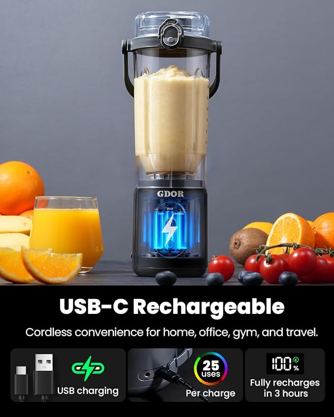 GDOR Portable Smoothie Blender, Twist & Go, Personal Blender Shakes and Smoothies, 3 Auto Programs, Ice Crush, 2x23 oz, Cordless, Dishwasher Safe, BPA-Free