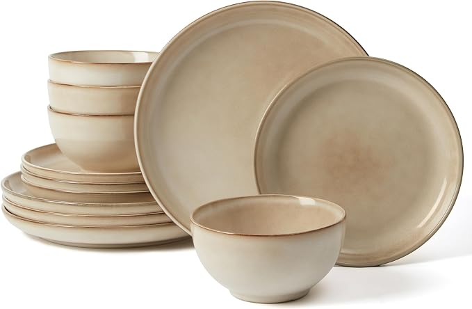 Stoneware Dinnerware Sets Service for 4, 12 pcs Reactive Glaze Plates and Bowls Sets, Handmade Ceramic Dish Set, Highly Chip and Crack Resistant Modern Plate Set, Mocha Beige