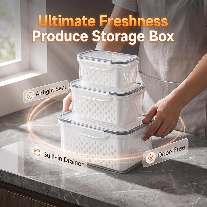 Fruit Storage Containers for Fridge, Leakproof Produce Containers with Colanders & Lids, Refrigerator Organizers and Storage for Berry Vegetable Salad Lettuce Meat Food, Gray, S