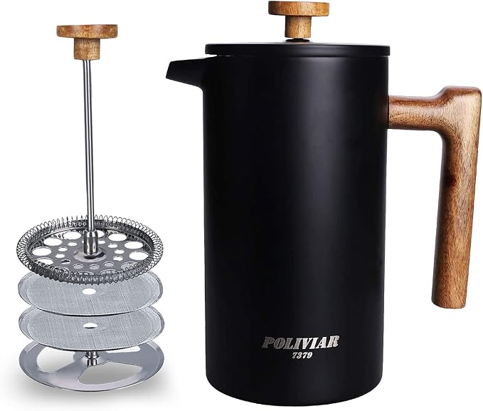 POLIVIAR French Press Coffee Maker, 34 Ounce Coffee Press with Real Wood Handle, Double Wall Insulation & Dual- Filter Screen, Food Grade Stainless Steel for Good Coffee and Tea (Vintage) | Real Wood Handle Coffee Press, Double Wall Insulation, Dual-Fi...