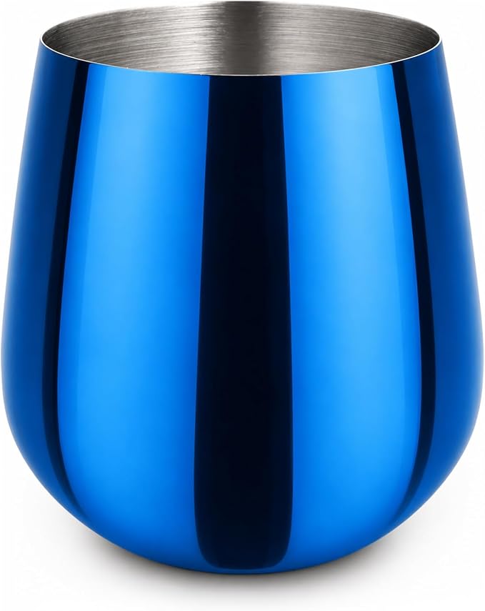 K&K Home Stainless Steel Unbreakable Stemless Wine Glasses - 15 oz - Set of 4 Colored, Stemless Metal Wine Glasses Perfect for Outdoors, Weddings, and Parties (Shiny Blue)