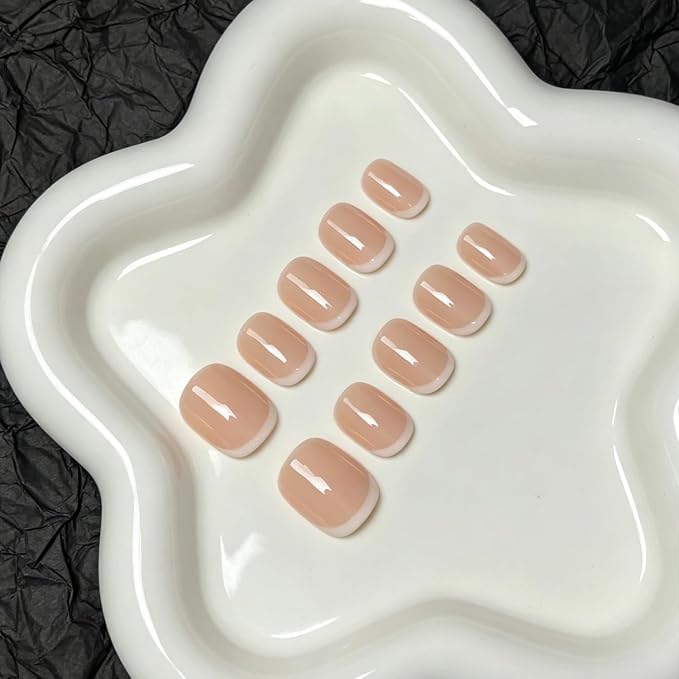 Handmade Press on Nails Short Almond Nude White French Tip Fake Nails Glossy Full Cover Muti-Layer Gel Acrylic Nail Natural & Elegant Style Thick False Nail Solid Color Stick on Nails for Women (M)