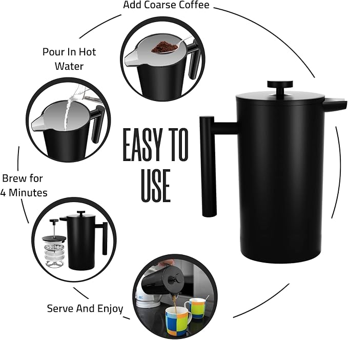 Utopia Kitchen 304 Grade Stainless Steel French Press 12 Oz, Black | Double Wall Insulated Coffee Press with 4-Level Filtration System, Include 2 Extra Filters, Rust-Free, Dishwasher Safe