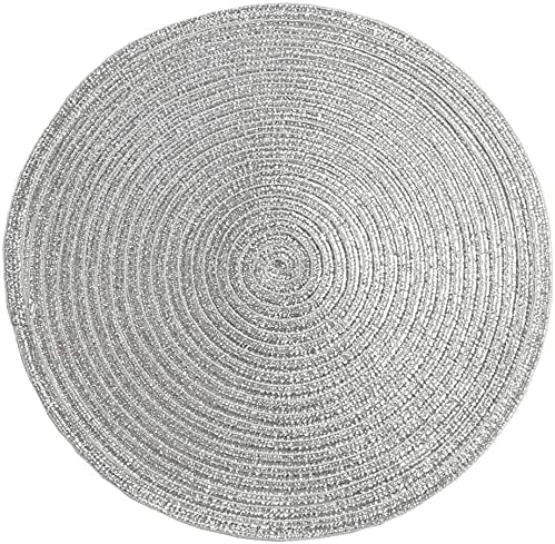 SHACOS Christmas Glitter Silver Placemats Set of 8 Sparkle Bling 15 inch Round Braided Table Mats Washable Place Mats for Dining Table Home Table Decor (Silver, 8)