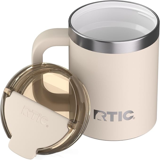 RTIC 12oz Essential Mug with Lid and Handle, Ceramic Lined, Beach | Stainless Steel Metal, Insulated Travel Cup for Hot and Cold Drinks, Coffee, Car, Camping and Travel