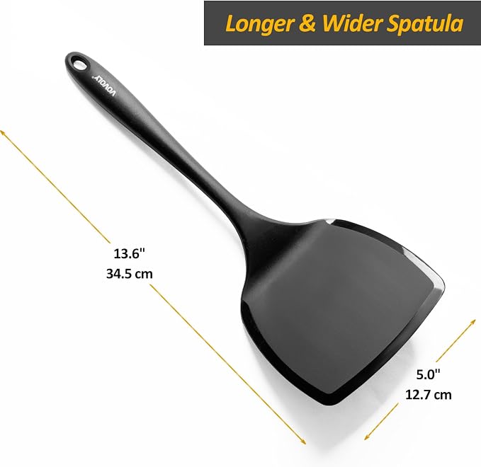 Silicone Pancake Spatula Turner with Lengthened Handle& Seamless Design, Heat Resistant Cooking Spatulas for Nonstick Cookware, Large Flexible Kitchen Utensils, Flipper for Egg, Pancake, Burger, Black
