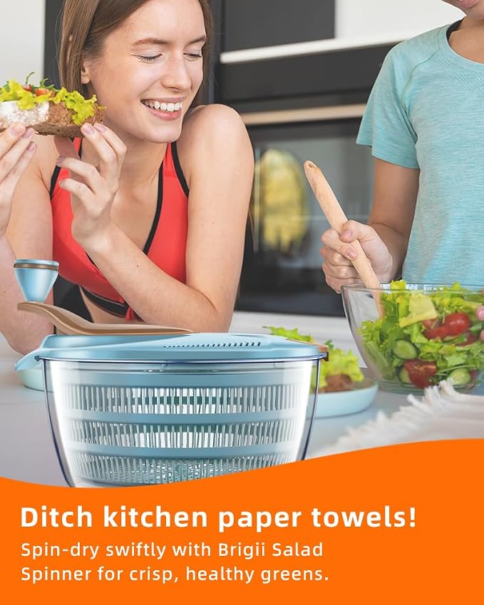 Brigii Salad Spinner, 4.24 Quart Lettuce Spinner, Vegetable Spinner | Double drainage holes, wash spin and drain without removing lid, non-slip base, easy to clean, for greens, vegetables, fruit