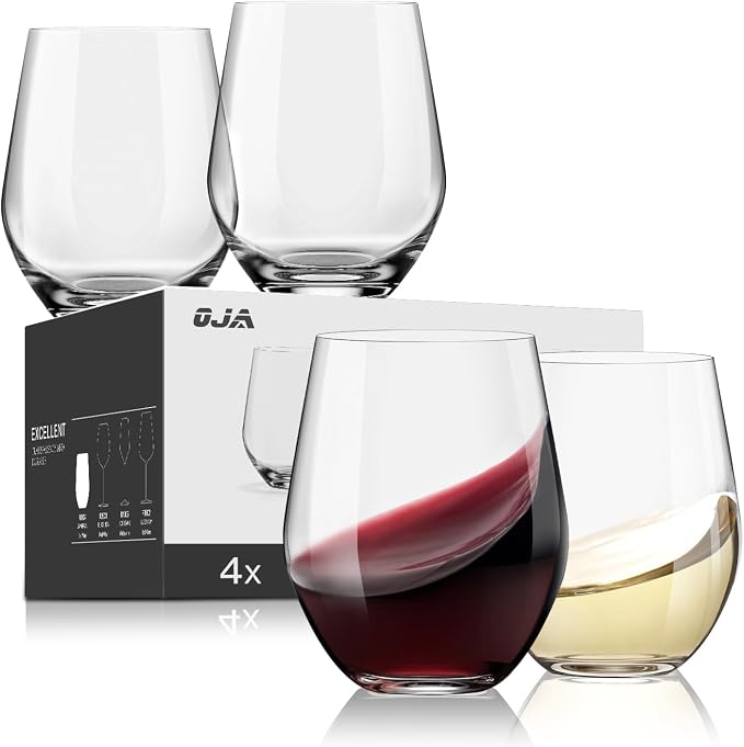 OJA Wine Glasses Set, Crystal Stemless Red Wine Glass, Set of 4, 15 oz | No Stem, Clear, Sturdy Drinking Glass for White Wine, Daily Use, Birthday, Wedding, Home Party, Anniversary, Shower Gift