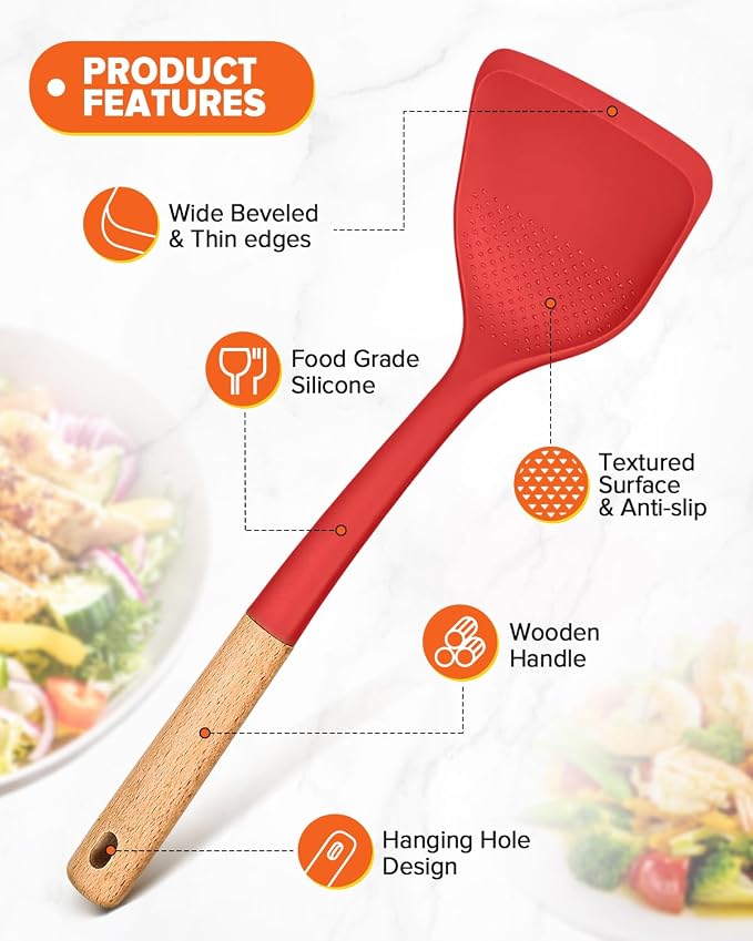Silicone Cooking Utensils Set, Safe for Nonstick Cookwares, Red | Perfectly Angled for Frying, Mixing,Serving,Draining,Turning and Stirring, BPA-Free Matte Silicone, Wood Handles,4 Pack