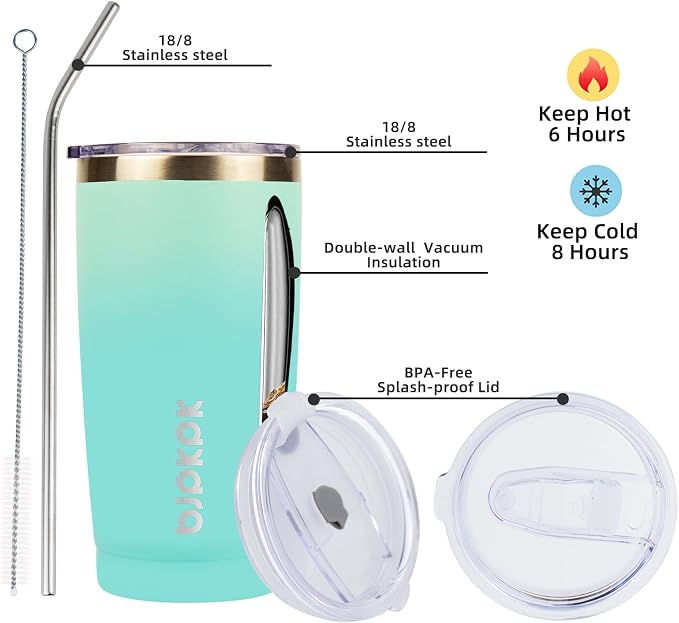 BJPKPK 20oz Coffee Tumbler with Lid & Straw, Insulated Stainless Steel Mug | Double Wall Vacuum, Keeps Hot/Cold, BPA Free, Leak Proof, Iced Coffee Cup Fit Car Holder, Travel & Beach, Mint