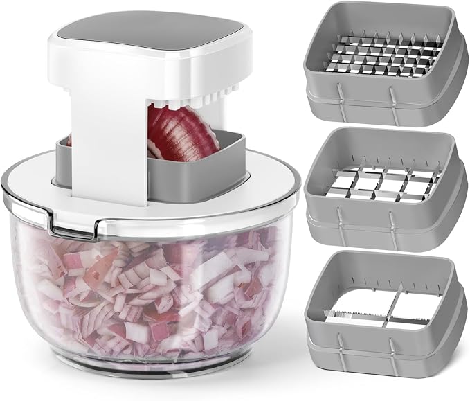 Vegetable Chopper Bowel Multi-functional 3 Interchangeable Blades Onion Chopper French Fry Cutter Veggie Dicer for Cucumber, Tomato, Zucchini, Carrot, Citrus