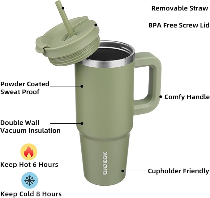 BJPKPK 30 oz Insulated Tumbler with Handle & Straw, Stainless Steel | Double Wall Vacuum Insulation, Leak Proof, BPA Free, Dishwasher Safe, Cupholder Friendly, Travel & Outdoor, Sage